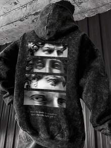 Men's Autumn/Winter Minimalist Fashion Casual Layered Portrait Print Faux Washed Kangaroo Pocket Drawstring Hooded Sweatshirt - Black - View 1