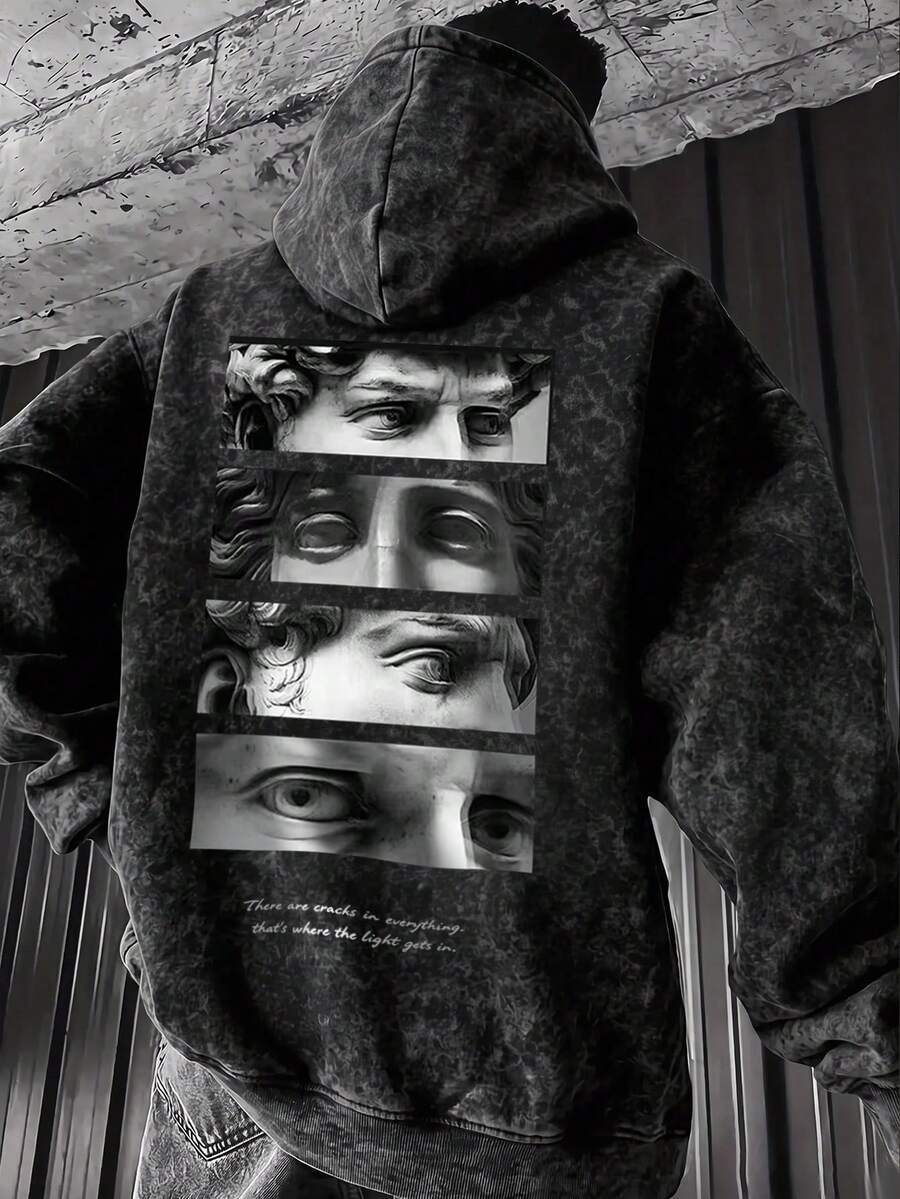 Men's Autumn/Winter Minimalist Fashion Casual Layered Portrait Print Faux Washed Kangaroo Pocket Drawstring Hooded Sweatshirt - Black - View 1