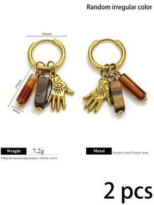 2 Buah Anting Gantung Hoop Gaya Batu Alam Vintage Dekorasi Musim Gugur dengan Charm Bintang, Mata Jahat dan Tangan, Perhiasan Wanita Gaya Bohemian - Anting-anting 7636 - View 9
