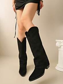 Elegant Pointed Toe Chunky Heel Matte Leather Side Zipper V-Cut Slimming Versatile Women's Tall Boots - Black - View 3