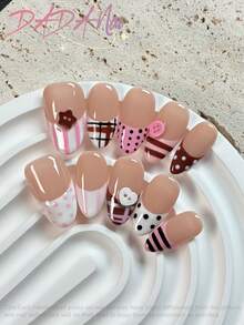 10pcs Hailey Almond Handmade Press-On Nails, Fake Nails, Hand-Painted Acrylic Nails, Pink Cute Glossy, Plaid Polka Dot Stripe Button Decor, Autumn Nails, Reusable Set, Gift For Women And Girls For Daily And Party - Multicolor - View 3