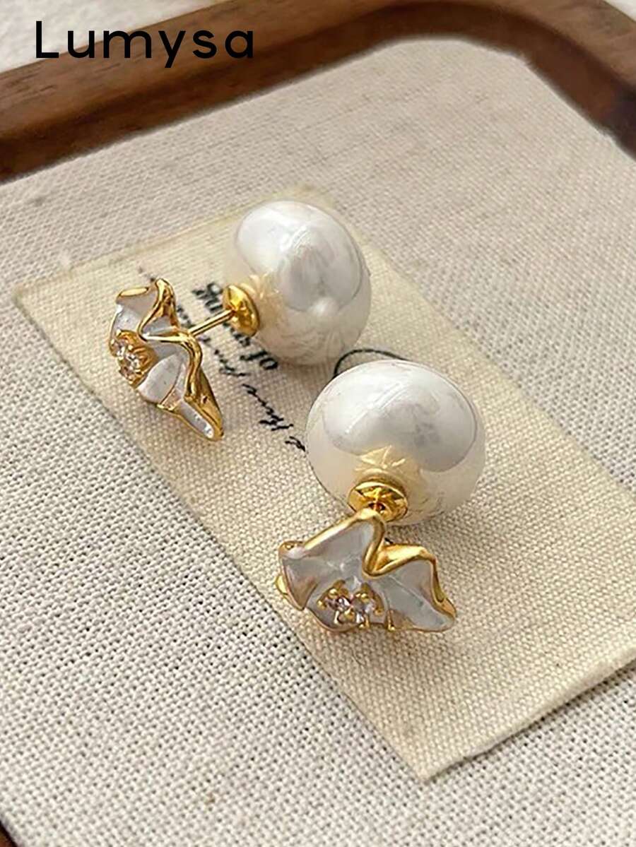 1 Pair French Style Gentle Geometric Flower Faux Pearl Front & Back Stud Earrings Suitable For Women Daily Wear And Gatherings - Golden Yellow+White - View 1