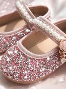 1 Pair 2026 New Girls Shoes With Rhinestone & Pearl Pendant Decoration Glitter Material Round Toe Strap Hook-And-Loop Flat Sole Fairy Princess Style Low Vamp Shoes Flower Girl Wedding Weekend Party - Pink - View 6