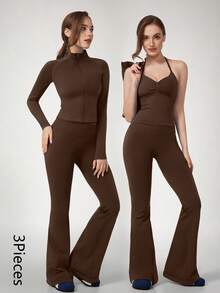 NcmRyu Women's 3 Pieces Set Solid Color Seamless Halter Adjustable Strap Tank Top Zipper Stand Collar Jacket Butt Lift Flare Pants Three Pieces Outfit - Mocha Brown - View 3