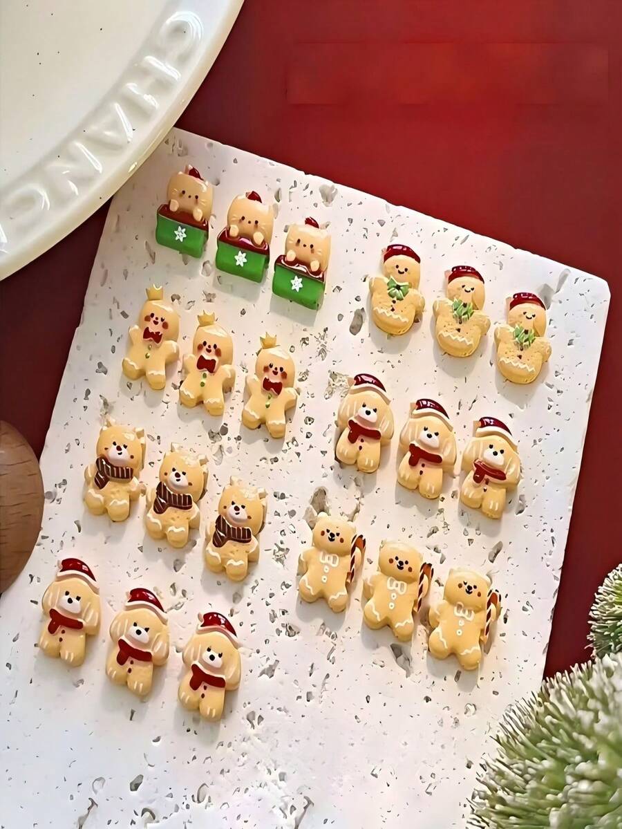 10/30pcs Random Cartoon Cute Mini Christmas Gingerbread Man Nail Art Decoration, Flat 3D Small Doll, Suitable For DIY , Jewelry Making And Nail Products, Nail Charm - Multicolor - View 1