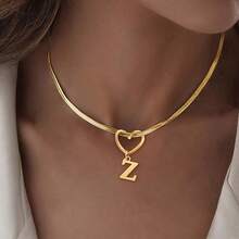 1pc New Classic Letter Hollow Heart Pendant Necklace, Unisex Gold-Tone Chain Letter Necklace, Birthday Gift Jewelry - Gold - View 3
