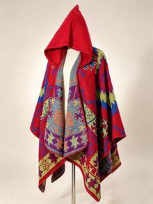 1pc Vintage Casual Geometric Pattern Hooded Cape Shawl - Multicolor - View 6