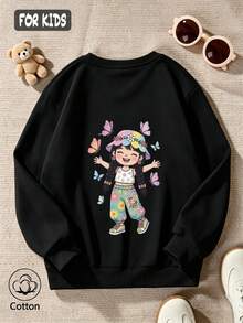 Girls' Cute Printed Drop-Shoulder Round-Neck Long-Sleeve Casual Sports Sweatshirt - Black - View 3