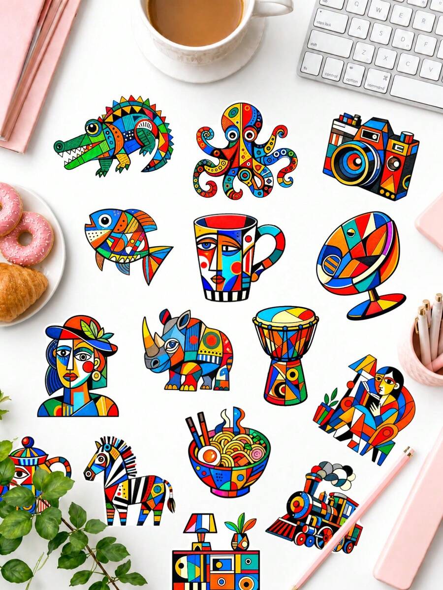 50Pcs Colorful Cubism Art Stickers, Bold Geometric Abstract Decor Supplies, Picasso‑Inspired Multicolor Decals For Journaling, Scrapbooking, Planner DIY Craft Projects - Multicolor - View 1