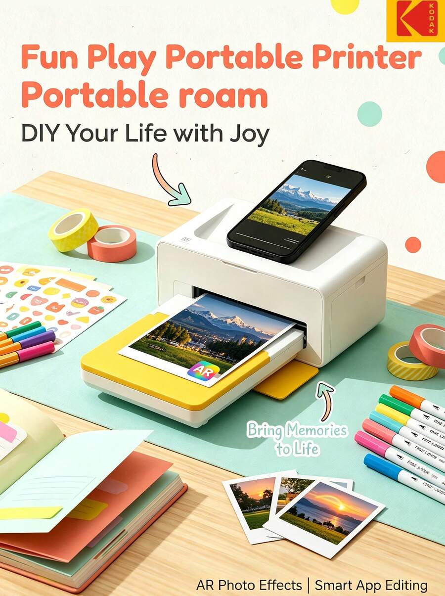 Kodak Dock Plus 照片印表機 便攜家用手機藍牙相片列印 6 吋熱升華沖印自動覆膜 節日生日結婚禮物 - 彩色 - 查看 1