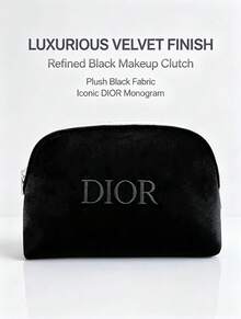DIOR Luxury Black Velvet Shell Makeup Bag, Exquisite Embroidered Letter Logo, Curved Large Opening Zipper Design, Large Capacity Portable Cosmetic Storage Pouch, Home Vanity Organizer, Travel Skincare Storage, Premium Gift Makeup Bag For Women - Black Velvet Shell Makeup Bag - View 7