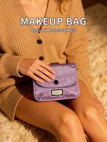 2‑Colors Optional Satin Flap Makeup Bag Portable Travel Cosmetic Storage Pouch Large‑Capacity Gift For Women Gucci Beauty Satin Makeup Bag Light Pink & Lavender Two‑Colors Optional - Purple - View 3