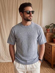 Spring/Summer Men's Neutral Knit Casual Loose Round Neck Versatile Commute Short Sleeve Pullover T-Shirt - Blue - View 1