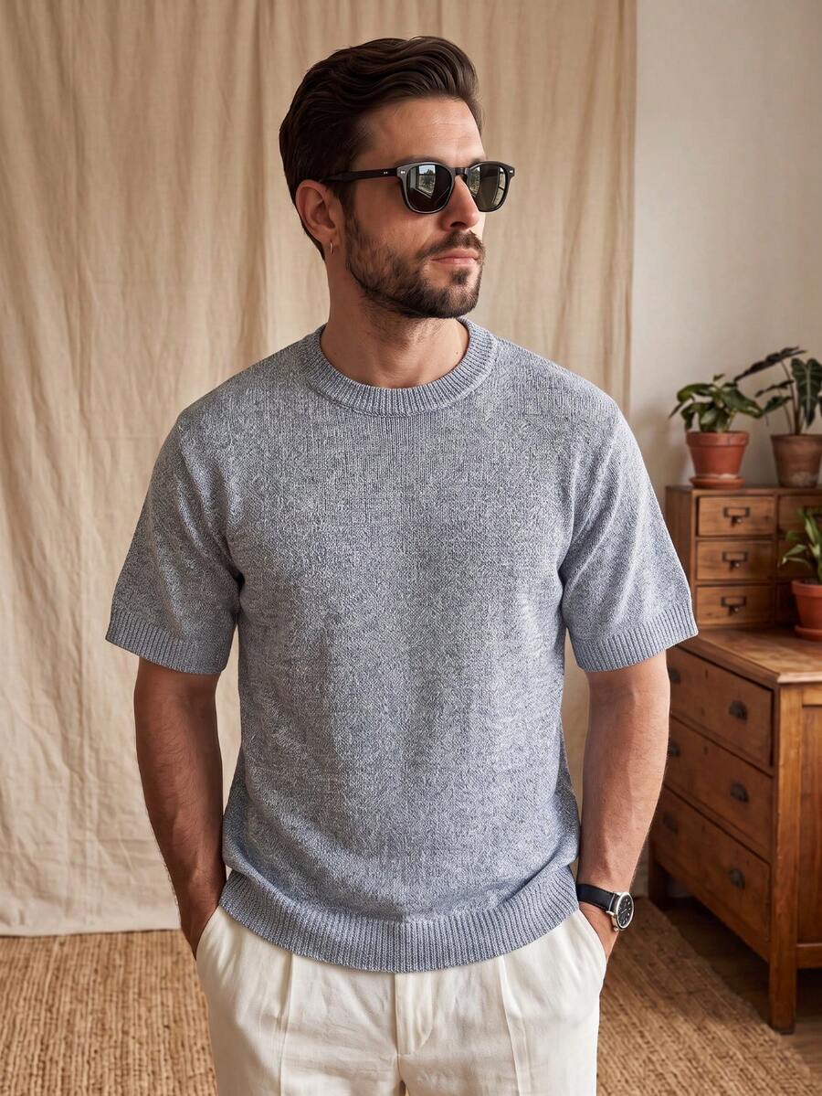 Spring/Summer Men's Neutral Knit Casual Loose Round Neck Versatile Commute Short Sleeve Pullover T-Shirt - Blue - View 1
