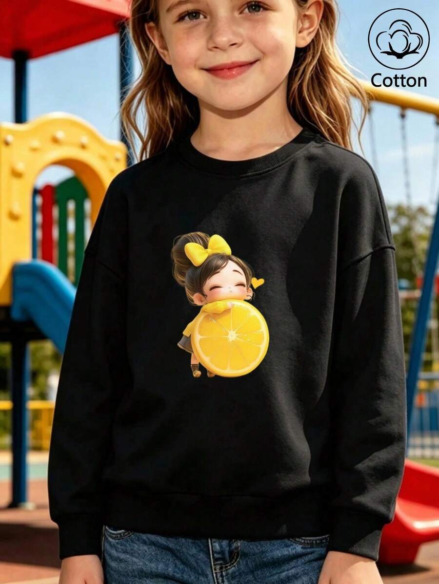 Girls' Cute Printed Drop-Shoulder Round-Neck Long-Sleeve Casual Sports Sweatshirt - Black - View 1