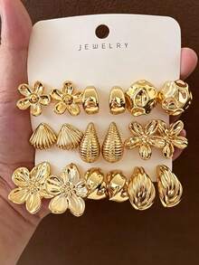 6/18PCS Fashion Gold Metallic Earring Set, Flower Shell Water Drop C-Hoop Geometric Multi-Element Women's Fashion Earring Set, Daily Wear, (Lightweight CCB Material, Non-Fading/No Dropping Sensation) - Gold - View 10