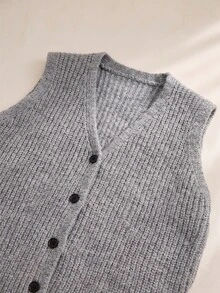 Rompi Sweater Wanita Abu-abu Gaya Preppy Musim Gugur/Musim Dingin, Atasan Rajut Bergaris Kasual Leher V dengan Kancing Depan untuk Kampus, Pakaian Sehari-hari & Acara Akhir Pekan - Grey - View 7