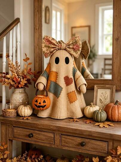 1pc Vintage Ghost Figurine With Floral Bow, Halloween Collage Ghost Sculpture, Halloween Decor Ornament, Exquisite Autumn Home Decor, Kitchen Decoration, Indoor Shelf And Fireplace Mantel Display Gift