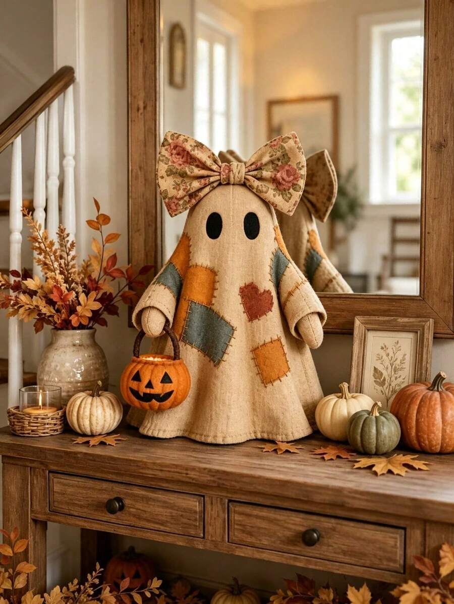 1pc Vintage Ghost Figurine With Floral Bow, Halloween Collage Ghost Sculpture, Halloween Decor Ornament, Exquisite Autumn Home Decor, Kitchen Decoration, Indoor Shelf And Fireplace Mantel Display Gift - A - View 1