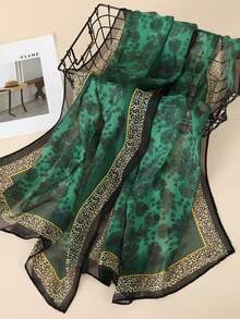 1件女款復古時尚優雅花卉印花輕盈透氣防曬頭巾，適合日常穿著 - 綠色 - 查看 2