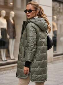 Women's Long Quilted Hooded Jacket With Zip Front And Two Side Pockets - Green - View 3