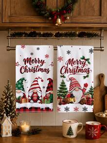 2PCS Kitchen Towel, Christmas Gnome Snowy Scene Merry Christmas Pattern Kitchen Towel Dish Cloth, Pastoral Style 40*60cm Rectangular Soft Microfiber Cleaning Kitchen Towel, Perfect For Kitchen, Dining Room And Bathroom Use, Christmas Kitchen Decoration, Home Decor, Neighbor Housewarming Gift, Dish Cloth - Red and White - View 1