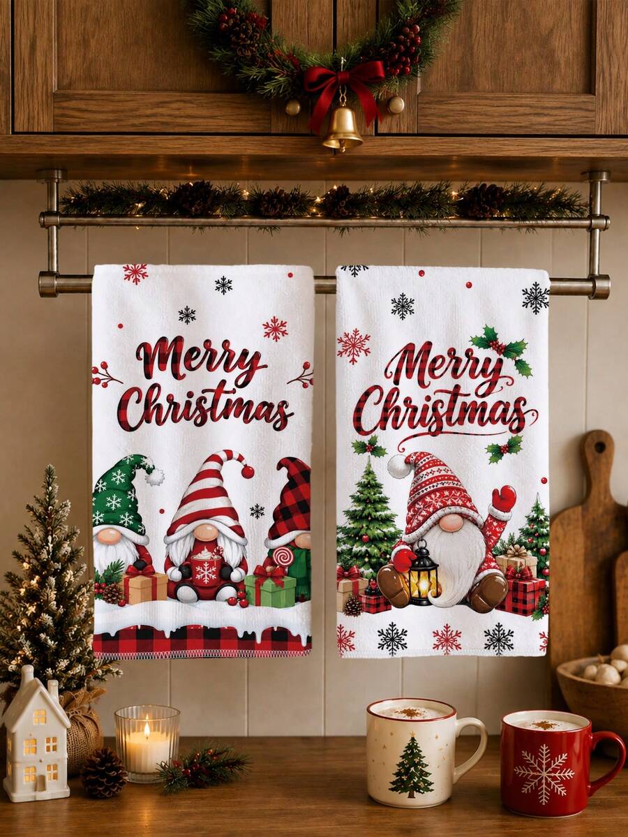 2PCS Kitchen Towel, Christmas Gnome Snowy Scene Merry Christmas Pattern Kitchen Towel Dish Cloth, Pastoral Style 40*60cm Rectangular Soft Microfiber Cleaning Kitchen Towel, Perfect For Kitchen, Dining Room And Bathroom Use, Christmas Kitchen Decoration, Home Decor, Neighbor Housewarming Gift, Dish Cloth - Red and White - View 1