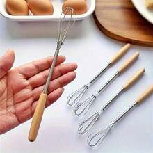 1pc/3pcs/5pcs Solid Wood Handle Egg Beater, 7.9 Inch Mini Stainless Steel Manual Wire Whisk, Kitchen Baking Stirring Tool, Home Kitchen Utensil. Note: Hand Wash Only, Dry Wooden Handle After Use; Slight Color Difference Due To Lighting Is Normal. - Multicolor - View 3