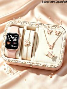 6/1pc Fashionable Minimalist Elegant Cute Square Digital Display Heart Pattern Decorative LED Screen Electronic Watch, Matching Butterfly Jewelry Set Including Necklace, Bracelet, Earrings And Ring. Perfect For Girls To Wear At Parties, Holidays And Other Occasions. Also The Best Gift Choice For Mothers And Friends On Mother's Day, Back To School Season, Easter And More. (Gift Box Not Included) - Multicolor - View 2