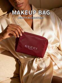 Water‑Resistant Zipper Makeup Pouch Large‑Capacity Travel Cosmetic Storage Bag Gift For Women Gucci Beauty Burgundy Nylon Makeup Bag - Burgundy - View 5