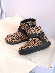 Girls' Leopard Print Ankle Boots, Side Lace-Up Decor, Warm & Non-Slip Winter Ankle Boots, Suitable For Toddlers - Brown - View 3
