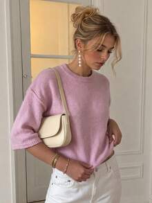Vintage, Elegant, Minimalist All-White Round Neck 3/4 Sleeve Mohair Sweater, Suitable For Autumn, Christmas, And New Year Occasions - Pink - View 2