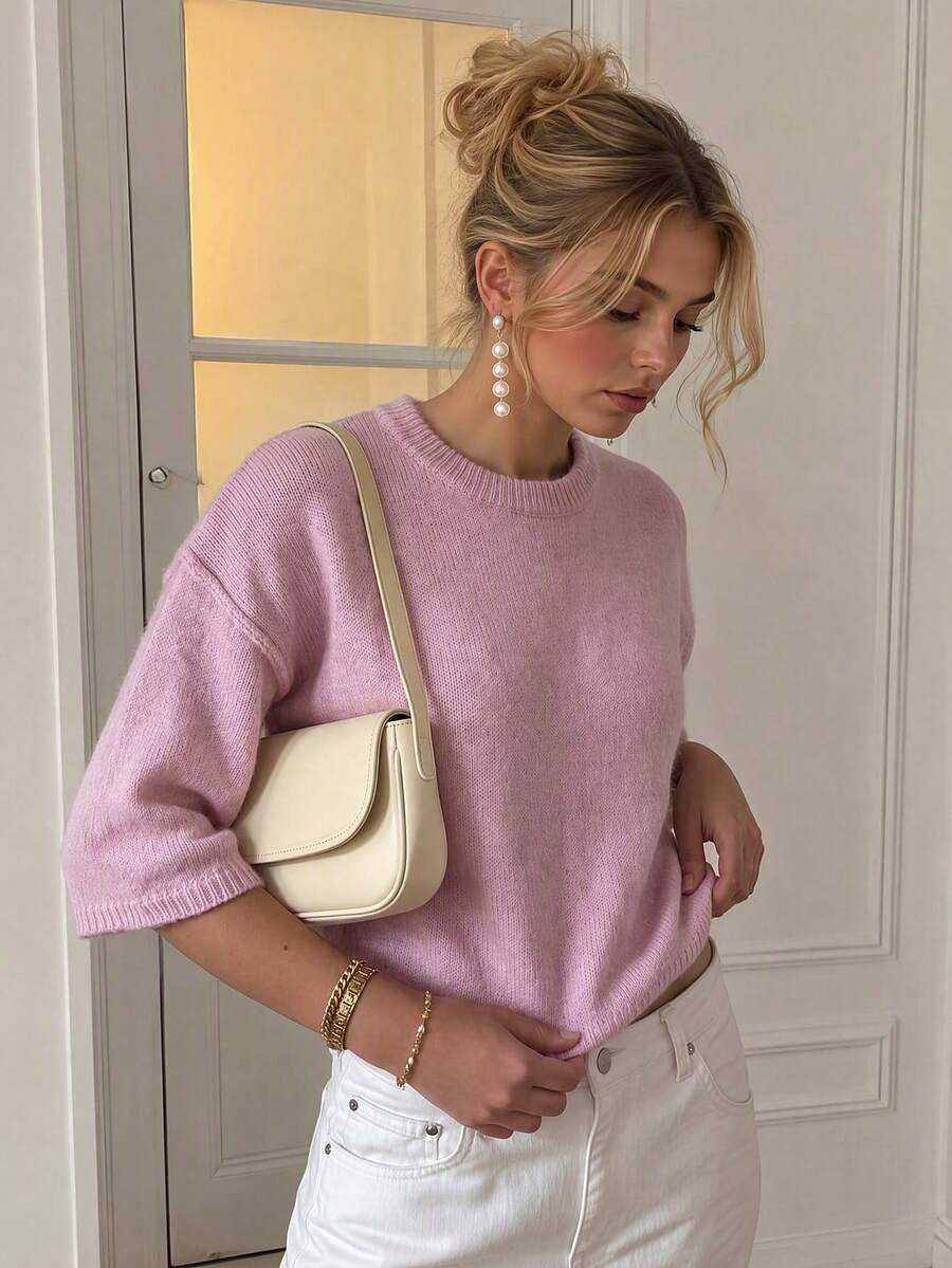 Vintage, Elegant, Minimalist All-White Round Neck 3/4 Sleeve Mohair Sweater, Suitable For Autumn, Christmas, And New Year Occasions
