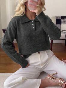 Women's Autumn/Winter New Polo Collar Solid Color Knit Sweater, Suitable For Office Commute, Business Professional, Casual Daily Wear - Grey - View 6
