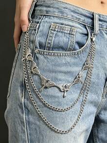 1PC Gothic Wing Moon Layered Pant Chain, Silver Metal Trouser Chain, Punk Waist Chain For Jeans, Halloween Outfit Accessory - Silver - View 2