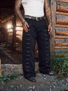 Men's Black Loose Wide‑Leg Jeans, Side Eyelet Lace‑Up Design Denim Gothic Y2K Streetwear Pants - Black - View 4