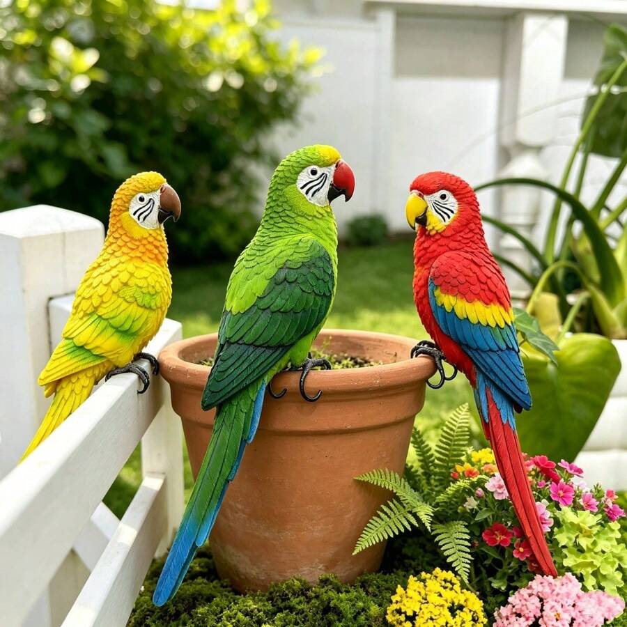 1pc Resin Parrot Decor, Realistic Bird Statue With Hook, Suitable For Outdoor Garden Fence And Flower Pot Decoration, Tropical Style Yard Decor And Holiday Party Props - Bird Figurine - View 1