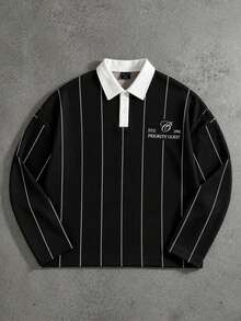 Krometka Men's Contrast Color Lapel Vertical Striped Long Sleeve Polo Shirt, Minimalist Letter Embroidery Loose Casual Top - Black - View 5