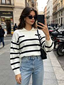 Autumn/Winter New Button Polo Collar Women's Striped Base Layer Top, Fashionable High-End Minimalist Pullover Versatile Sweater - White - View 1