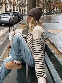 NOVELLE Women's Elegant Casual Striped Long Sleeve Knit Sweater, Loose Layering Style Button-Up Cardigan Pullover, Suitable For Dates, Gatherings, - Khaki - View 5