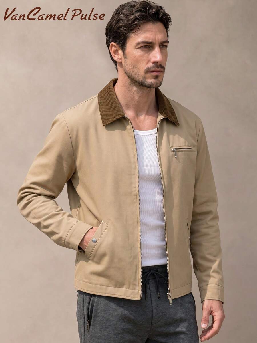 Vancamel Pulse Áo khoác thể thao ngoài trời nam phong cách tối giản màu trơn, dáng rộng đa năng đi làm hằng ngày - Màu Khaki - Xem 1