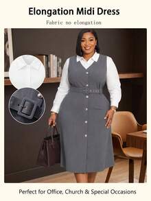 NOU Women's 2-Piece Set: Collared Long Sleeve Shirt And Button-Decorated Sleeveless Dress With Belt Waist, Elegant For Office And Daily Wear - Multicolor - View 7