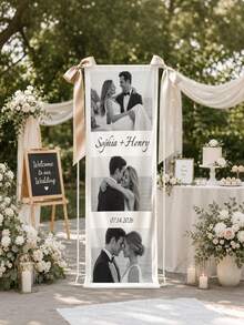 Customized Wedding Welcome Banner, Personalized Photo Name Date Fabric Hanging Flag, Customized Couple Photo Wedding Reception Decoration Backdrop - Multicolor - View 3