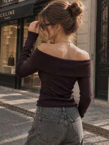 Women's Elegant Solid Color Cold Shoulder Sweater, Long Sleeve Slim Fit Pullover, Comfortable Autumn/Winter Basic Top, Suitable For Casual, Vacation, Date, Back To School Outfits - Brown - View 2