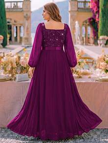 Plus Size Deep V-Neck Sequin Floral Lace Bishop Sleeve Chiffon Formal Evening Gown, Wedding Guest Dress, Suitable For Birthday, Graduation Ceremony - Maroon - View 2