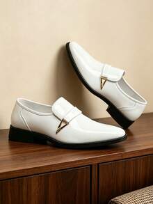 QRLQRL Men's Spring Summer Shiny Slip-On Dress Shoes Metal Buckle Minimalist Pointed Toe Wedding Banquet Office Commute Low-Top Style - White - View 3
