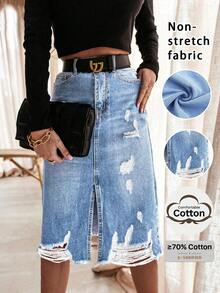 Women's Waistband With Pocket Design Ripped Distressed Hem Split Casual Denim Skirt Spring - Light Wash - View 1