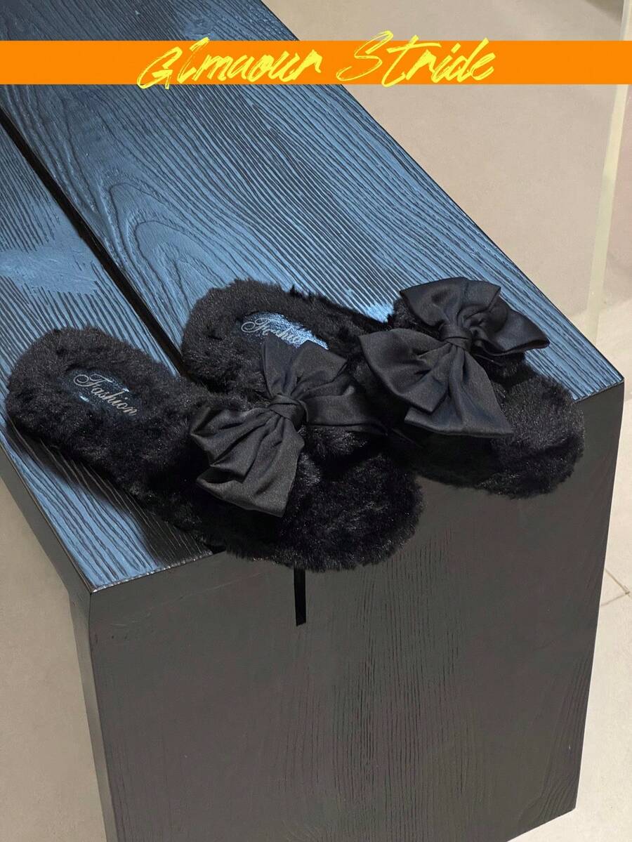 (尺寸偏小 單一尺寸) 女款黑色毛絨戶外拖鞋,緞面大蝴蝶結裝飾,露趾軟絨保暖室內居家拖鞋,雙用途 - 黑色 - 查看 1