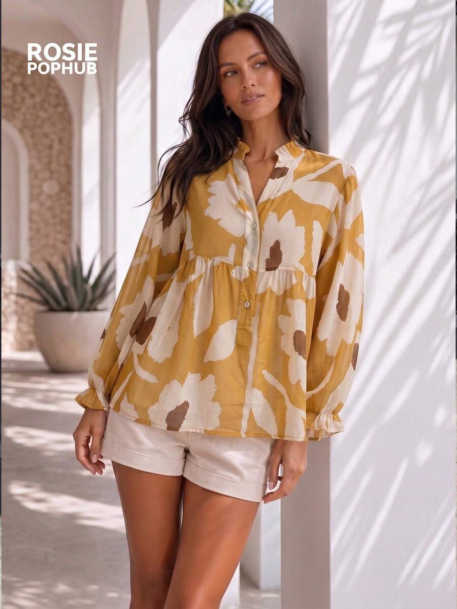 ROSIE POPHUB Women Yellow Floral Print Notched Neck Long Sleeve Ruffle Hem Peplum Blouse Elegant Christmas Commute Daily Top Fall Winter - Yellow - View 1