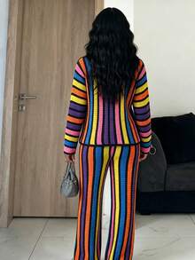 DVSLOE Women Y2K Rainbow Striped Fall Winter 2 Pieces Outfit, Turtleneck Long Sleeve Knit Top & Flared Pants Matching Set For Daily, Going Out - Multicolor - View 2